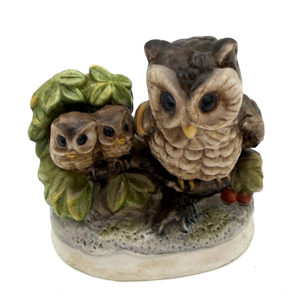 Owl Family Figurine 4" Brown Green Vintage Style Ceramic